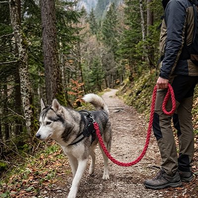 Chien en laisse pour chien Confortable et durable rose en forêt avec son maitre