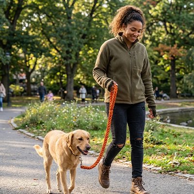 Chien en laisse pour chien Confortable et durable orange au parc avec sa maitresse
