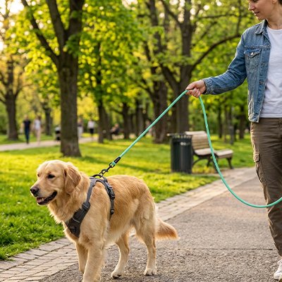 Chien en laisse pour chien Ligne Prestige bleu au parc avec son maitre