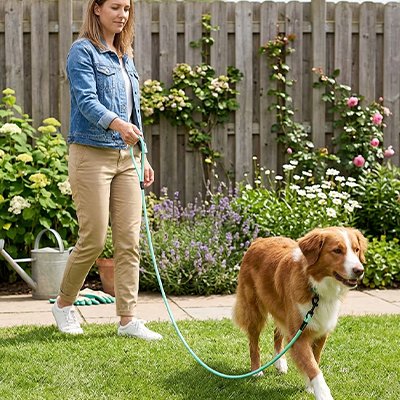 Chien en laisse pour chien Ligne Prestige bleu dans le jardin avec sa maitresse