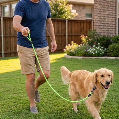 Chien en laisse pour chien Ligne Prestige vert dans le jardin avec son maitre