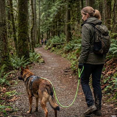 Chien en laisse pour chien Ligne Prestige verte en forêt avec sa maitresse