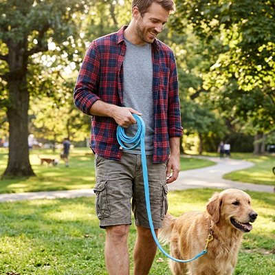 Chien en Longe pour Chien Corde Horizon bleu au parc avec son maitre