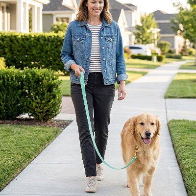 Chien en Longe pour Chien Corde Horizon vert dans la rue avec sa maitresse