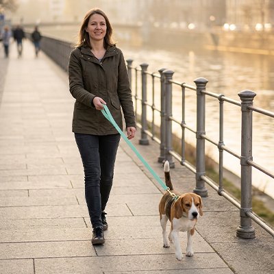 Chien en Longe pour Chien Corde Horizon vert en balade avec sa maitresse