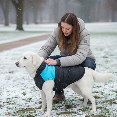 Chien en manteau Chien Anorak bicolore bleu dans la neige avec sa maitresse