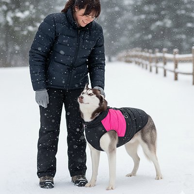 Chien en manteau Chien Anorak bicolore rose dans la neige avec sa maitresse