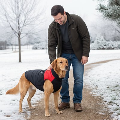 Chien en manteau Chien Anorak bicolore rouge dans la neige avec son maitre