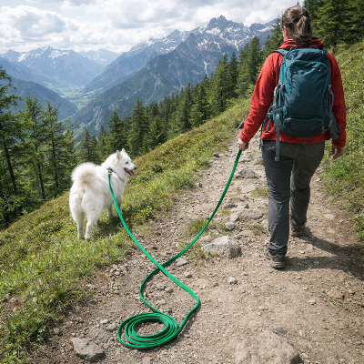 chien en montagne en longe chien Larga vert avec sa maitresse