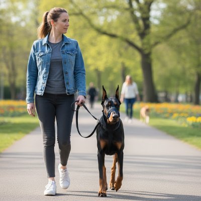 Chien en muselière pour chien​ Anti Morsure Bleu au parc avec sa maitresse