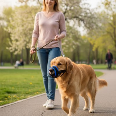 Chien en muselière pour chien​ Anti Morsure Bleu en balade avec sa maitresse