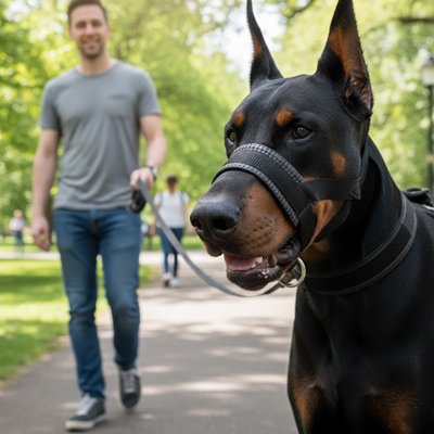 Chien en muselière pour chien​ Anti Morsure noir avec son maitre