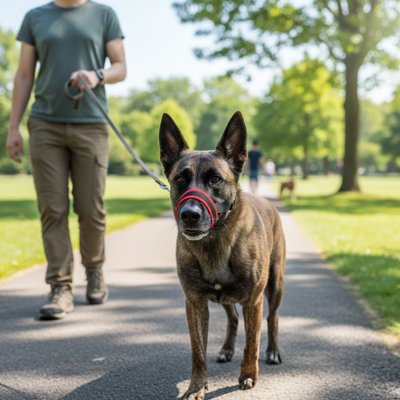 Chien en muselière pour chien​ Anti Morsure rouge au parc avec sa maitresse