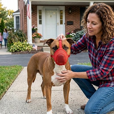 Chien en muselière pour chien Douce et Sécurisée Rouge avec sa maitresse