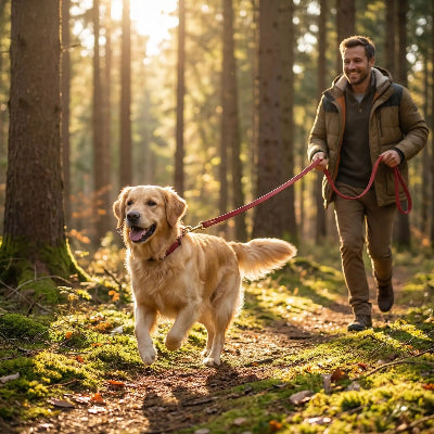 chien en promenade avec longe pour chien Balade canine rouge en foret avec son maitre