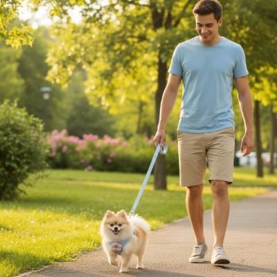 Chien en promenade en harnais pour porter un chien Marguerite bleu avec son maitre