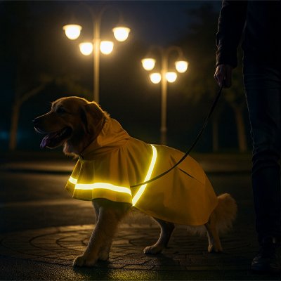 Chien en promenade le soir avec imperméable pour chien ​Ciré fluo