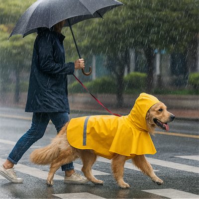 Chien en promenade sous la pluie  avec imperméable pour chien ​Ciré fluo