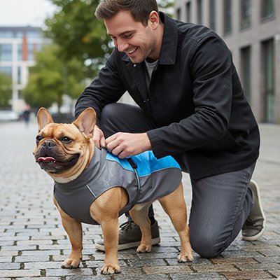 Chien en ville en imperméable pour chien​ Elégance étanche bleu avec son maitre