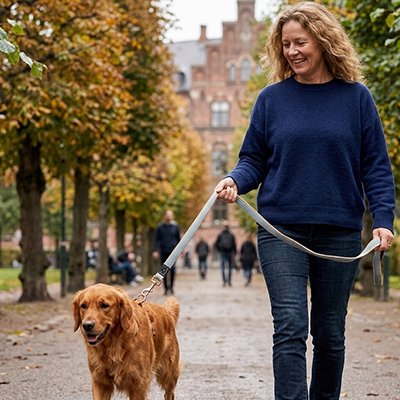 Chien en ville en laisse pour chien bleu avec sa maitresse