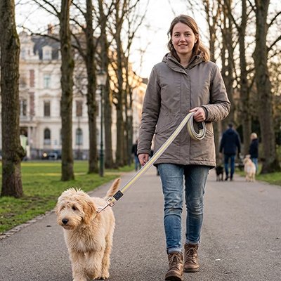 Chien en ville en laisse pour chien jaune avec sa maitresse
