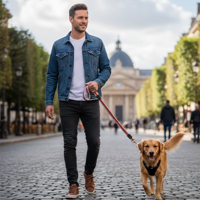 Chien en ville en laisse pour chien rouge avec son maitre