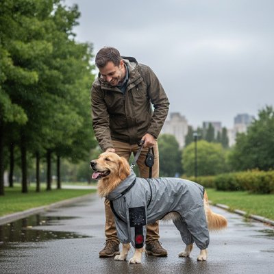 Chien en ville sous la pluie en imperméable pour chien​ Alliance pluie avec son maitre