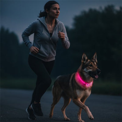 chien faisant footing vec sa maitresse avec collier lumineux chien rose