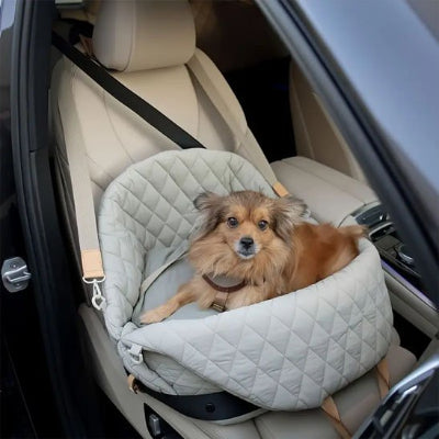 chien gentil dans son sac de transport pour chien Cocon Douillet gris en voiture 