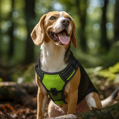 chien heureux avec chien harnais LumiChou vert