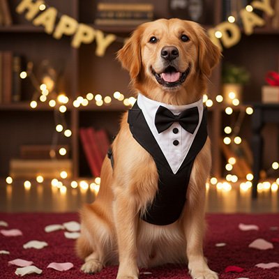 chien heureux avec Harnais chien smoking a un anniversaire