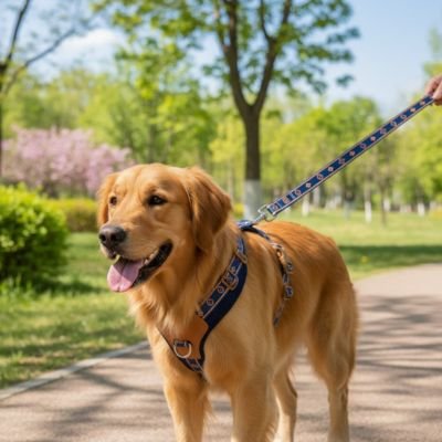 Chien heureux avec harnais chien Voyage bleu