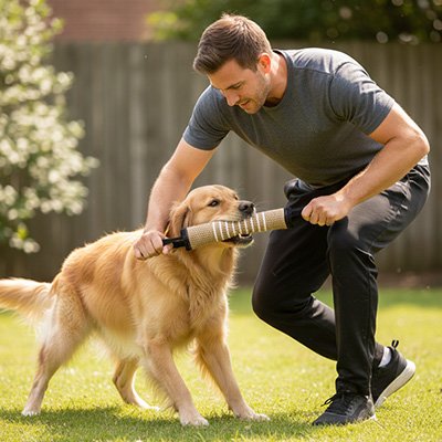 Chien jouant avec jouets pour chien Canéo Noir et son maitre