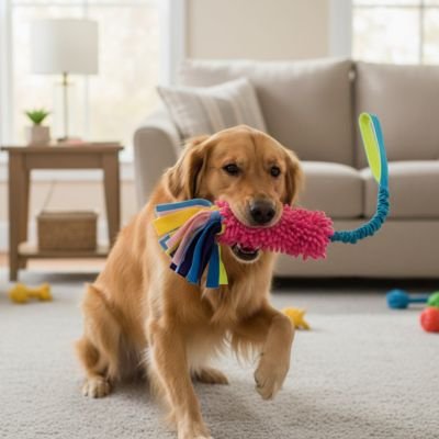 Chien jouant avec son jouet Chien Mordiluxe rouge dans le salon