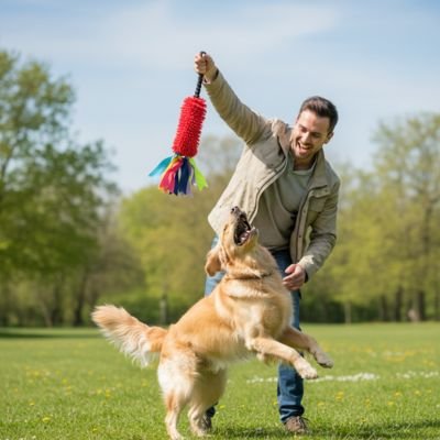 Chien jouant avec son jouet Chien Mordiluxe rouge au parc avec son maitre