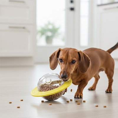 chien jouant avec son jouet chien Planète jaune qui libère ses croquettes