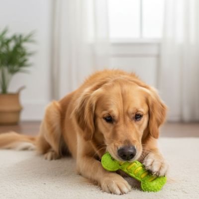 chien machouillant son Jouet indestructible pour chien DentiJouet Vert