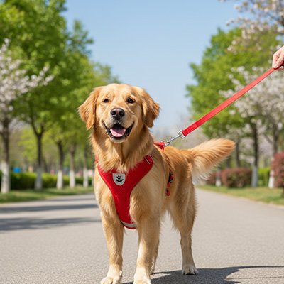 chien marchant avec Harnais chien Confort Max rouge