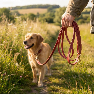 chien marchant en longe pour chien Balade canine rouge a la campagne avec son maitre
