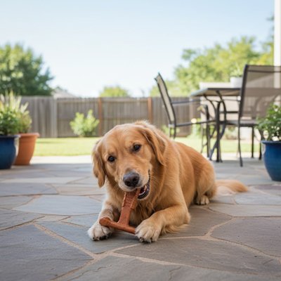 chien mastiquant son Jouet indestructible pour Chien Crok'jeu sur la terrasse