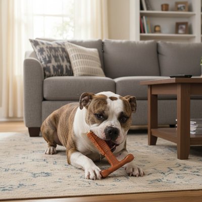 chien mastiquant son Jouet indestructible pour Chien Crok'jeu sur un tapis