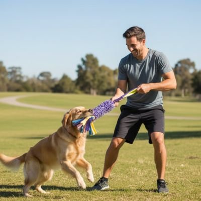 Chien mordillant son jouet Chien Mordiluxe mauve au parc avec son maitre