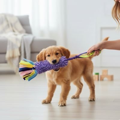 Chien mordillant son jouet Chien Mordiluxe mauve dans le salon