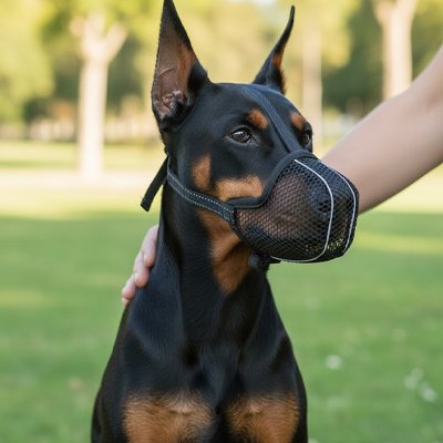 Chien noir en muselière filet assis