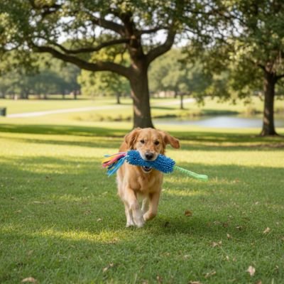 Chien portant son jouet Chien Mordiluxe bleu au parc 