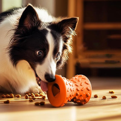 chien qui joue avec son jouet pour chien NutriPlay orange qui libère ses croquettes