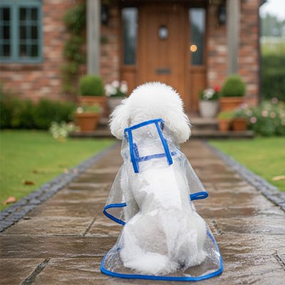 Chien sous la pluie avec imperméable pour chien​ Signature Pluie bleu