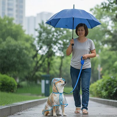 Chien sous la pluie avec imperméable pour chien​ Signature Pluie vert avec sa maitresse