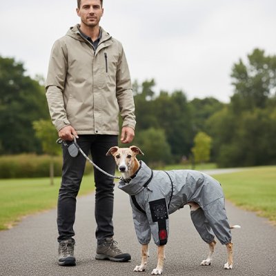 Chien sous la pluie en imperméable pour chien​ Alliance pluie avec son maitre