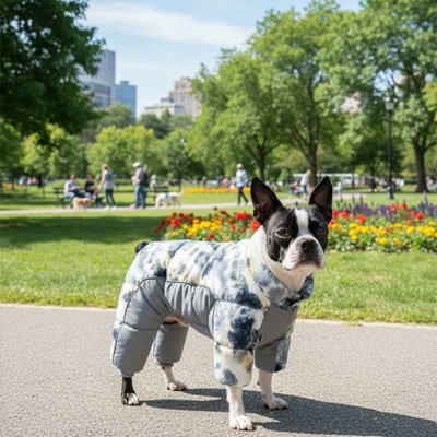 Chien sur en ville avec manteau pour Chien Commando gris imprimé
